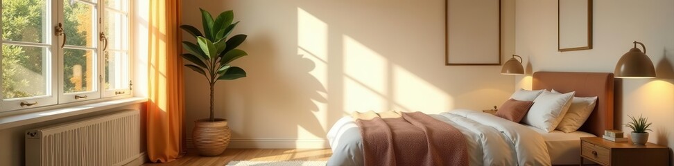Sunlit guest bedroom, commode with decor, mockup poster space , calm, white, peaceful