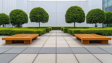 Modern Symmetrical Courtyard with Topped Trees and Benches