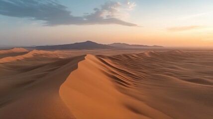 Wide Angle View of an Expansive Desert with Undulating Sand Dunes Under a Colorful Sunset Sky