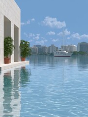 Naklejka premium Luxury Yacht Sailing on Tropical Ocean with City Skyline Background - Exclusive Lifestyle and Vacation Imagery.