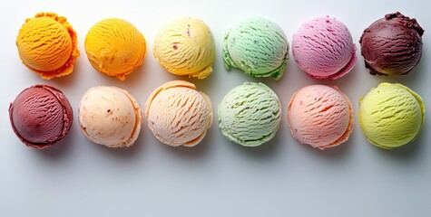 Fototapeta premium Colorful ice cream scoops arranged in a delightful display on a white surface inviting sweet indulgence