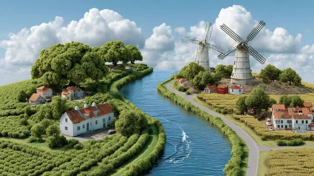 Serene Riverside Village: A captivating scenic illustration of a charming riverside village with windmills, surrounded by rolling hills, trees, and a tranquil body of water under a bright sky.