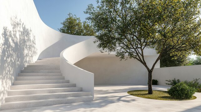 Modern White Exterior Building With Curved Staircase - Powered by Adobe