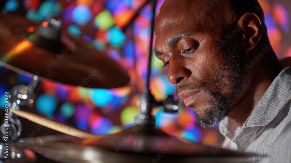 Poster african american drummer lost in music playing cymbals with colorful bokeh lights, representing arti