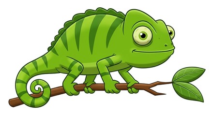 Green Chameleon on a Tree Cartoon