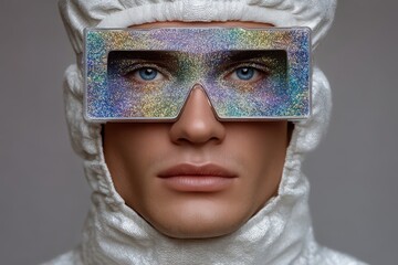 Male model showcasing futuristic fashion in a striking glitter mask with bold reflective sunglasses reflecting vibrant colors while embodying digital identity and modern style