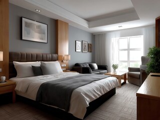 Modern Bedroom Interior with King-Size Bed, Comfortable Seating, and Stylish Design Elements for Relaxation and Luxury Living.