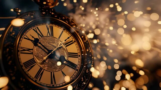 Close-up of a vintage pocket watch with golden sparks, creating a magical and festive atmosphere.