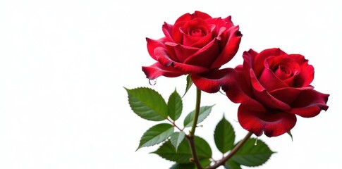 Fototapeta premium Three lush red roses, glistening with water droplets, isolated on pure white background , plant, red