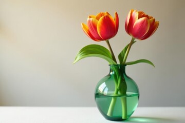 Vibrant parrot tulip in elegant green glass vase , green vase, flower photography, nature photography
