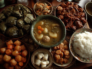 flat lay of a variety of dishes for breaking the fast during ramadan, including lentil soup