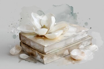 Stacked books with a magnolia flower, a watercolor aesthetic.