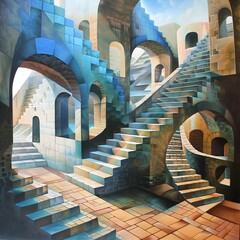 An impossible stairway ascends and descends in a seemingly endless loop, creating a visual paradox with ancient ruin-inspired architecture and a warm, late afternoon light.