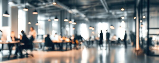 Abstract blurred interior modern office space with business people working banner background with copy space. High quality