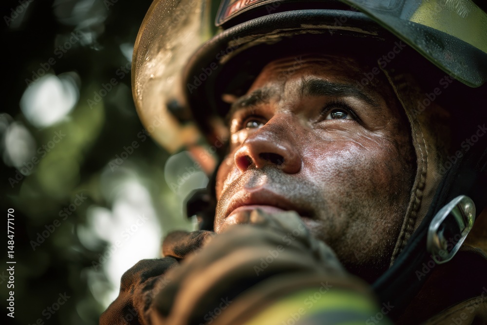 Poster close-up portrait of a sweaty, gritty firefighter looking up, showing determination and resilience, 