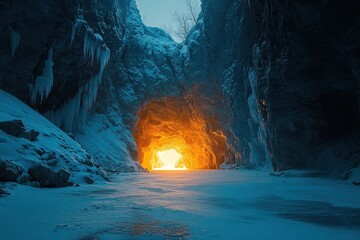 Icy cave with icicles, blue snow, and bright, orange light at the tunnel's end. This is great for travel blogs, winter ads, and fantasy novel promotion.