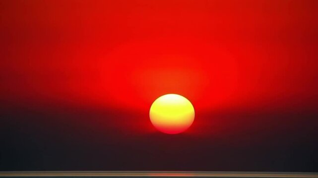 Red sun go down coloring and horizon in red colors. Sunset with huge sun over the sea