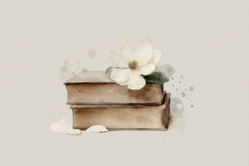 Delicate watercolor illustration of books and a magnolia flower.