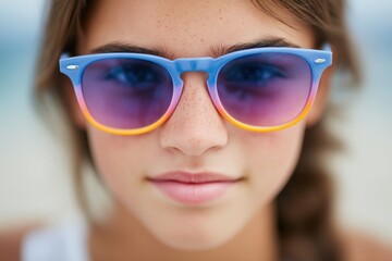 Close-up portrait of a confident young girl wearing fashionable sunglasses with gradient lenses capturing summer vibes against a blurred beach backdrop radiating youthful energy