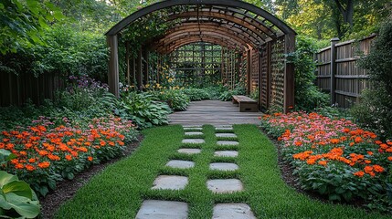 Emerald vines grow around the trellis of a garden, providing shade and beauty, a feeling of nature's embrace and horticultural design
