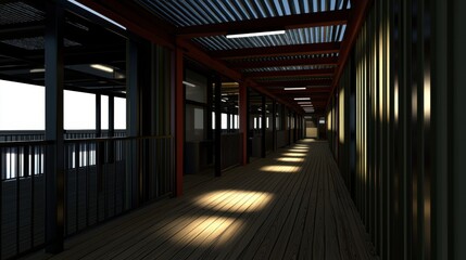A long hallway with a wooden floor and metal railing, illuminated by natural light.