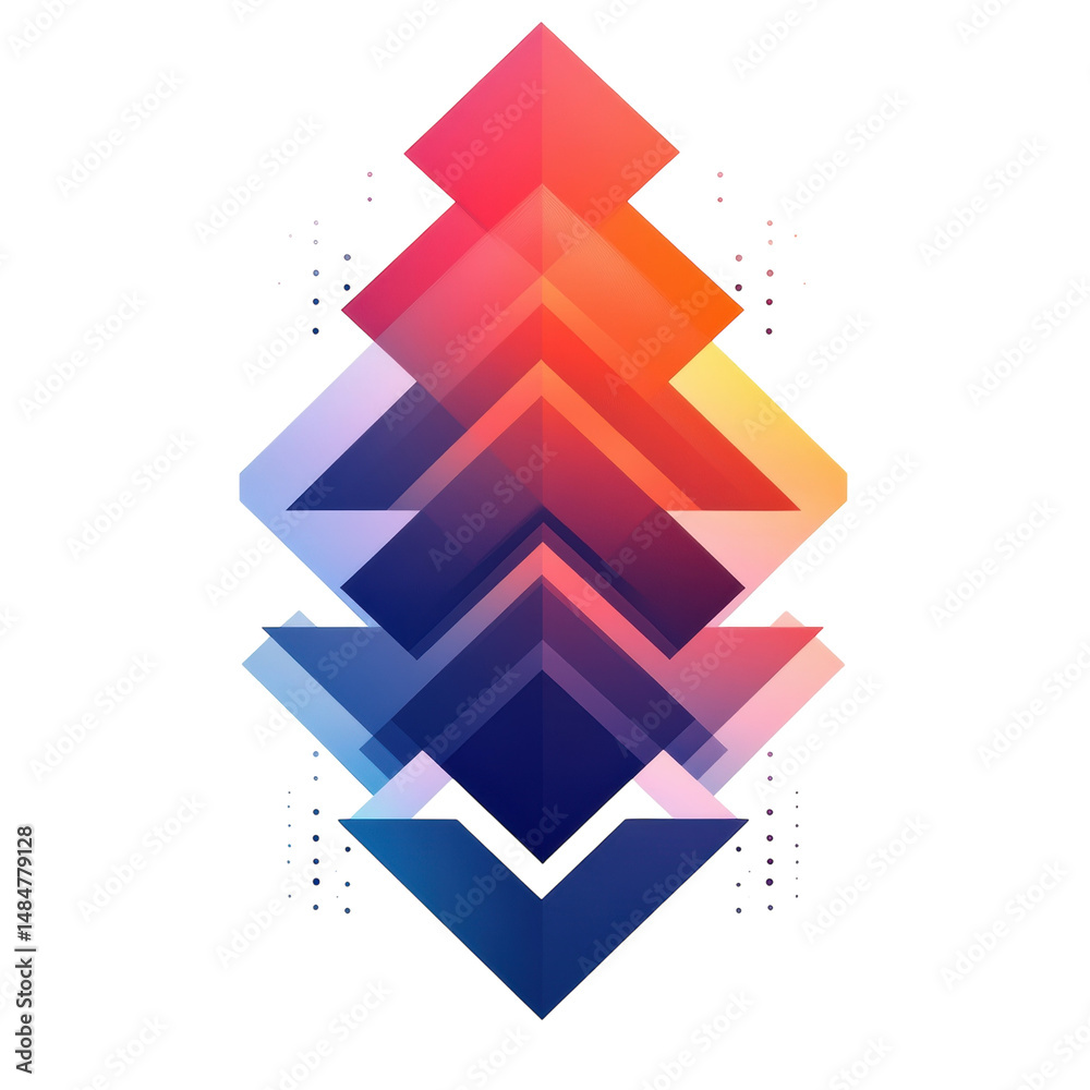 Poster geometric abstraction with upward pointing arrows in gradient color shifts on transparent background