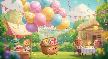 Cute cartoon characters celebration with floating basket