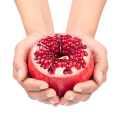Fresh pomegranate held in hands against black background featuring vivid red color and detailed texture