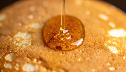 Drizzling honey on golden pancakes kitchen food photography warm atmosphere close-up culinary delight