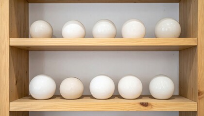 Artistic display of white spheres on wooden shelves indoor space product photography minimalist design close-up view