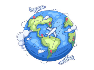 Naklejka premium illustration of a global flight network featuring interconnected flight paths between various locations around the world. Airplanes and dotted routes emphasize international connectivity