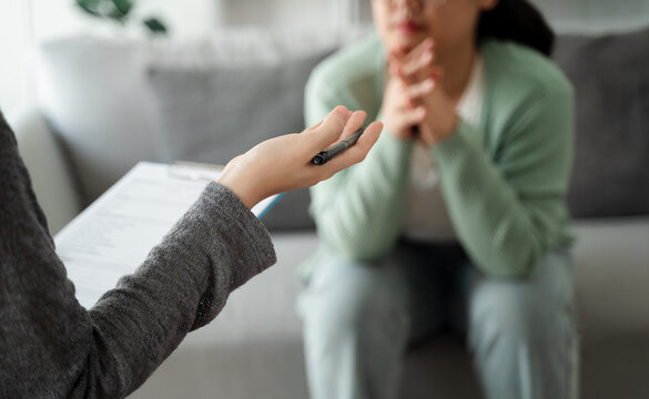 Psychologist doctor examine and listen and talking to patient with depression, anxiety