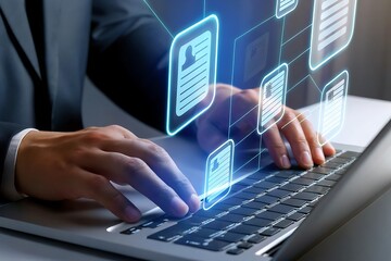 Fototapeta premium Businessman Working on Laptop with Digital Documents and Data Management System