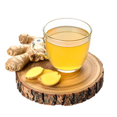 Ginger tea in glass cup with ginger slices