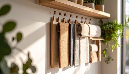 Bright Sunlight Illuminates Simple Kitchen Wall Shelf with Hanging Textiles and