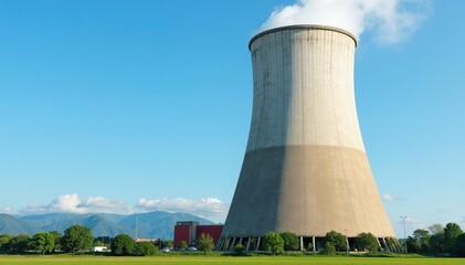 Fototapeta premium Massive industrial cooling tower against a blue sky Excellent for industrial, energy, and environmental themes , industrial landscape, steam, metal