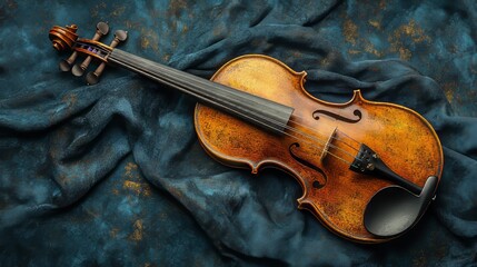 Fototapeta premium Elegant Antique Violin on Textured Blue Fabric Background