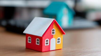 Colorful miniature house model placed on a wooden desk with blurred background features