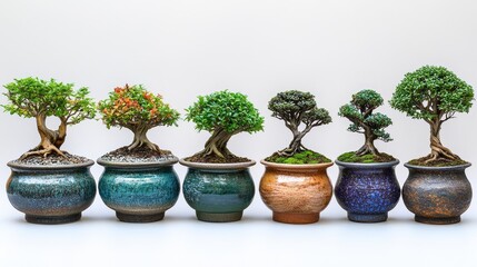 Arrangement of Beautiful Miniature Bonsai Trees in Decorative Pots