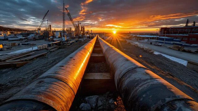 Sunrise over the Pipeline: A dramatic sunrise bathes an industrial landscape in golden hues, illuminating parallel pipelines stretching towards the horizon, representing energy and progress.