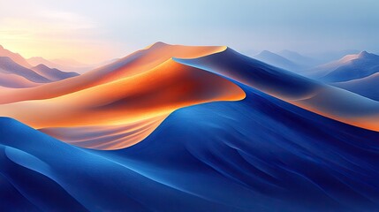 Geometric patterns of sapphire and gold intertwine across a vast desert landscape, where towering sand dunes shift and ripple under the scorching sun, creating an illusion of endless, abstract art