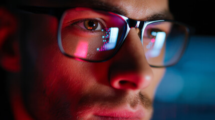 Close-up view of a man focused on computer screen with reflections of data visuals