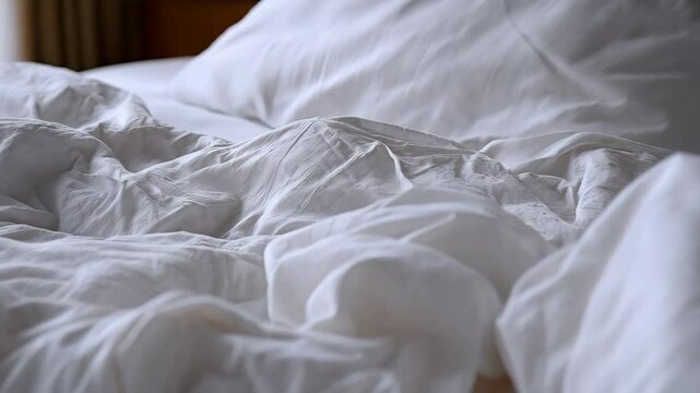 Serene crumpled white bedsheets and pillow create a minimalist, cozy bedding scene with soft texture in a restful bedroom interior setting.