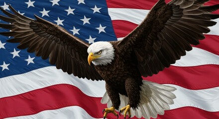 Naklejka premium American Bald Eagle Flying Proudly Over Waving Us Flag Illustration