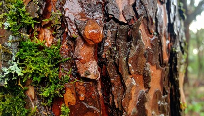 Nature's resinous treasures close-up of tree bark in a lush forest environment
