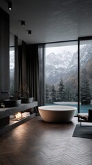 Modern bathroom featuring a freestanding tub and stunning mountain views through large windows adorned with sleek, contemporary design elements.
