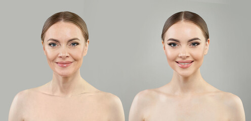 Cheerful young model woman and mature woman. Two female faces collage set.