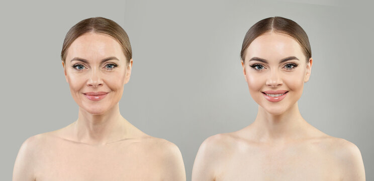 Cheerful young model woman and mature woman. Two female faces collage set.