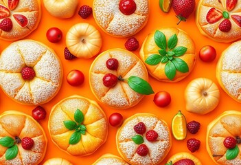 Seamless pattern of vibrant Portuguese pastries & fruits on an orange background, nazionale, repeating