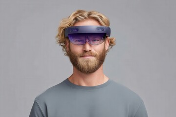 Fototapeta premium Young bearded man wearing innovative augmented reality glasses in a minimalist setting showcasing advanced digital interface engagement and futuristic technology with an air of curiosity